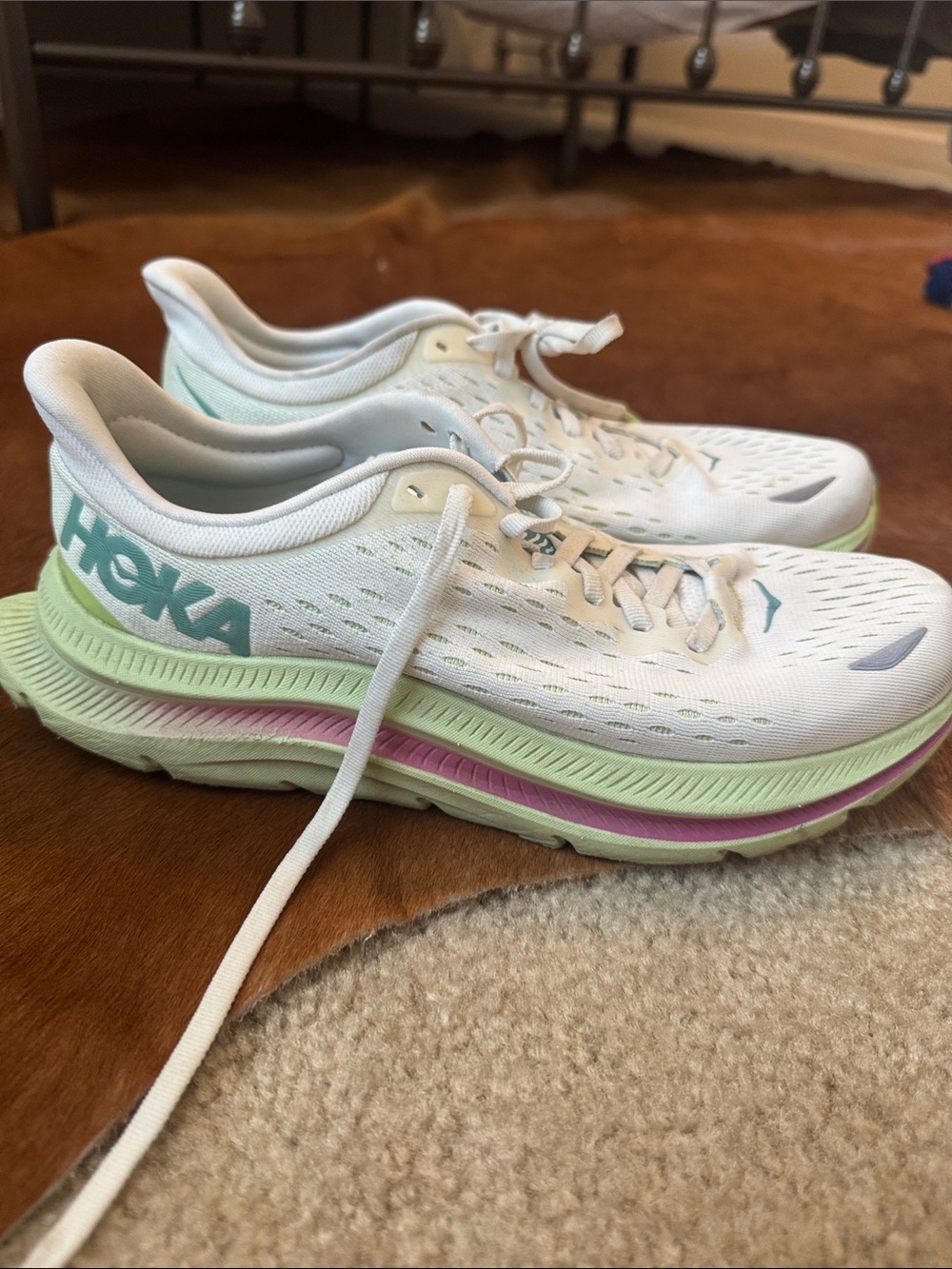 Hoka Women's Kawana White Mint and Pink Athletic Running Shoes